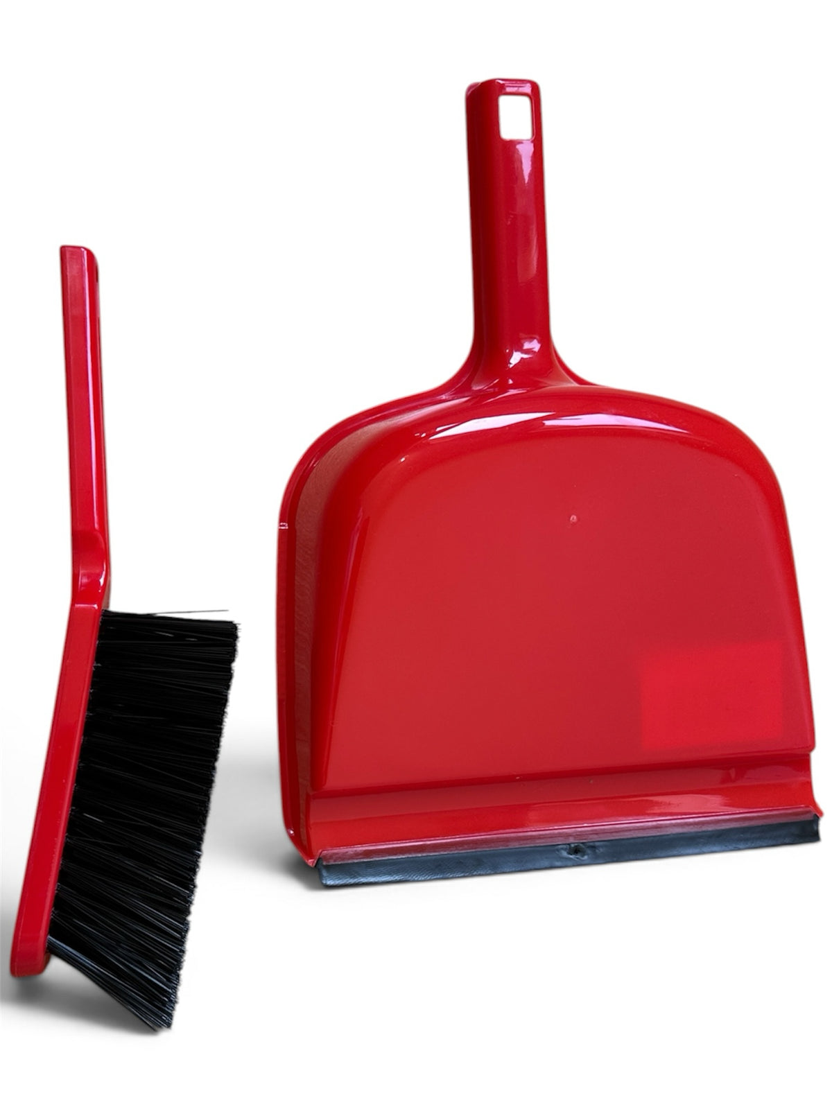 HSNR Ltd red plastic dustpan and stiff bristle brush cleaning set with a flexible rubber lip for efficient sweeping.