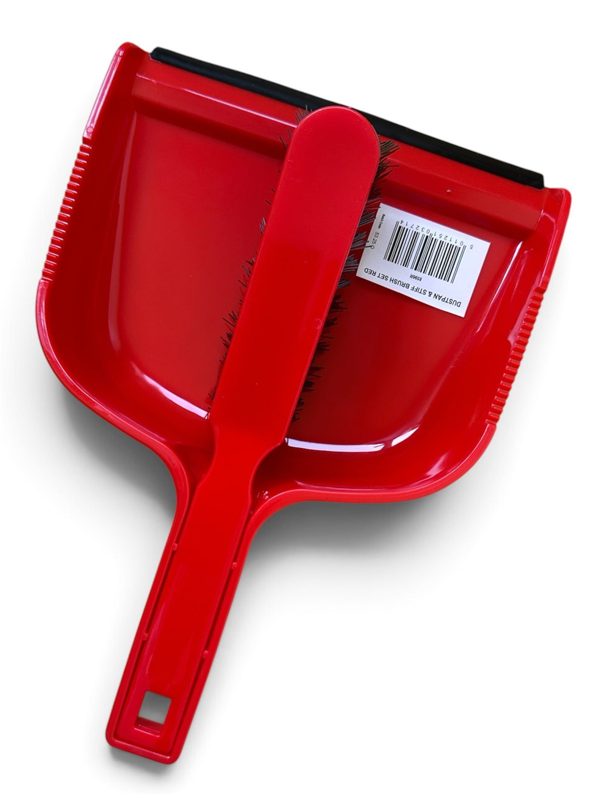 HSNR Ltd red plastic dustpan and stiff bristle brush set with a flexible rubber lip for efficient cleaning.