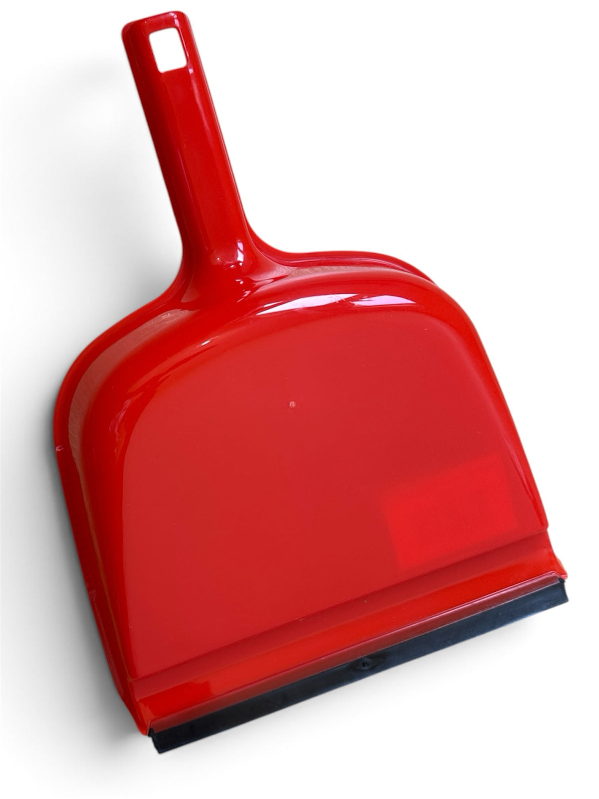 HSNR Ltd red plastic dustpan with a flexible black rubber lip and an ergonomic handle with a hanging hole.